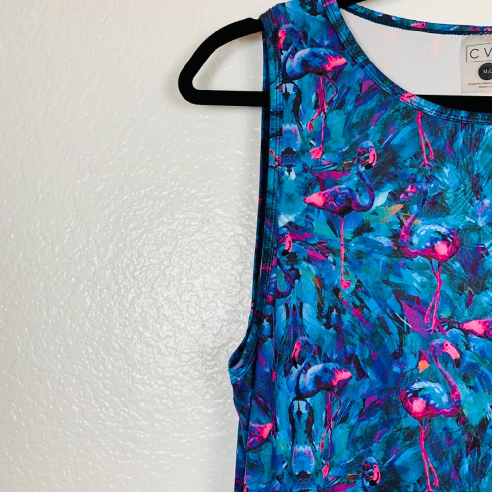 CVG Blue Flamingo Print Dress Womens M/L Ruched Sides Athletic Beachy Resort - Picture 6 of 13